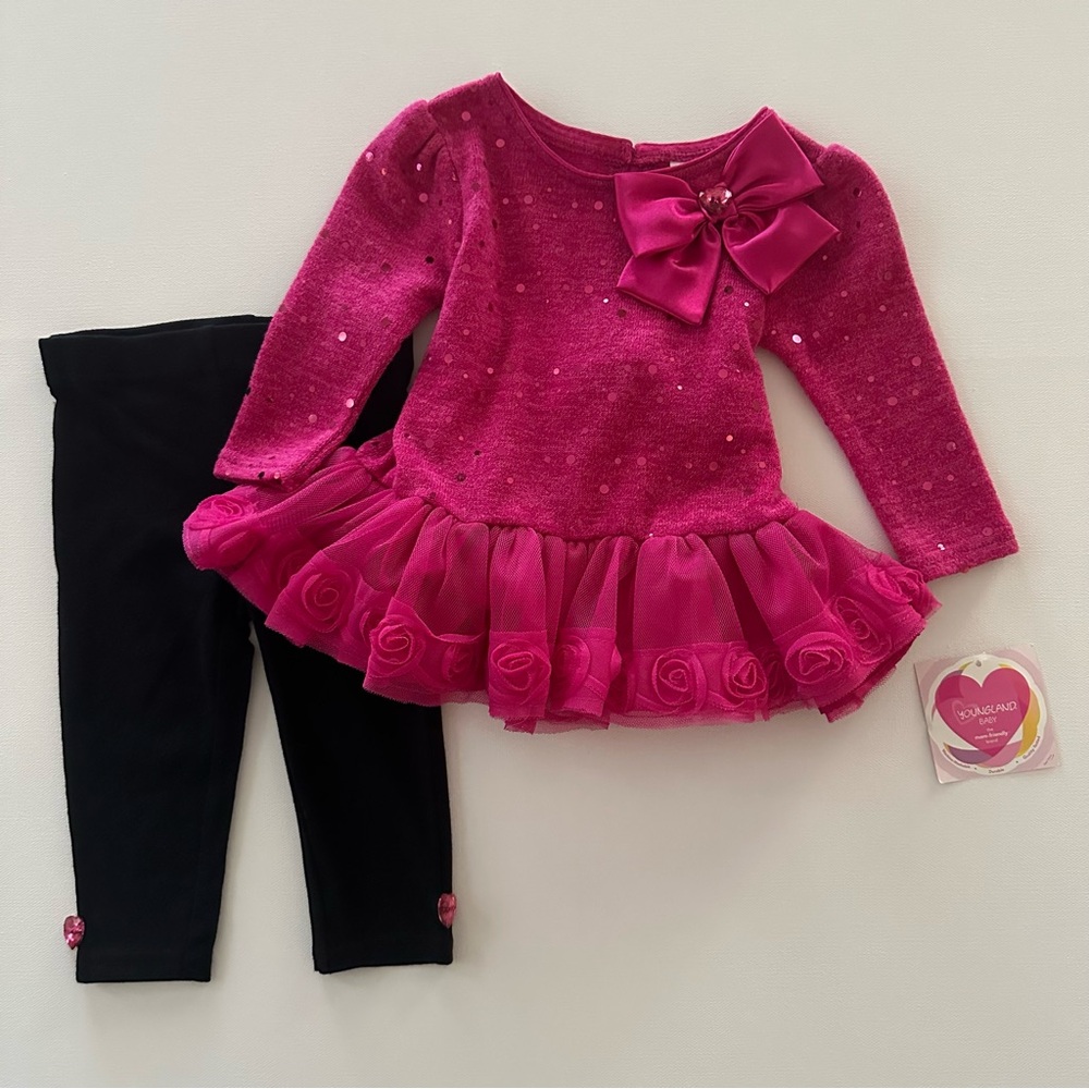 Youngland 12 Months Baby Girl Pink Sparkle Top & Pants Set Outfit NWT